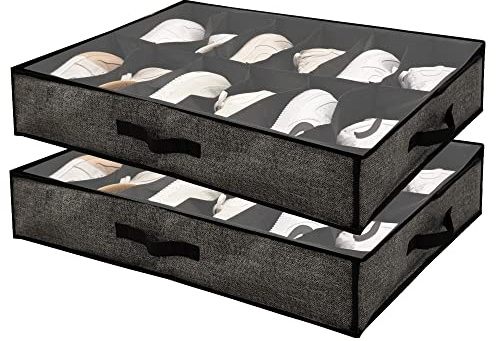 Under Bed Shoe Storage Organizer, Set of 2 for 24 Shoes - Slide This Sturdy Shoe Organizer Under Bed to Declutter & Save Space - 2 Underbed Storage Containers Come in Chic Gray with Clear Windows