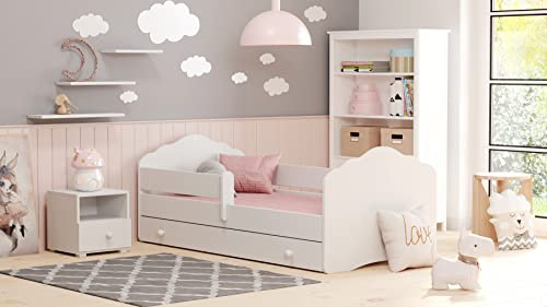 KOBI Fala - Cuna infantil con protección anticaída con cajón, 140 x 70 cm, juego completo de camas infantiles con colchón, cama individual para niños, cama infantil, color blanco moderno