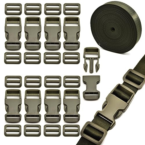Eviznbou spännen spännband set 25 mm, 25 m svart nylonband med spännen 10 stycken snabbsepareringsspänne för ryggsäck bagageremmar gör-det-själv