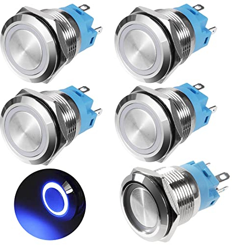GUNGY Interruttore a Pulsante Autobloccante Pulsante 12V-24V 3A Impermeabile Interruttori a Pulsante 19mm in Ottone Cromato con Luce LED ad Anello Blu 5 pezzi