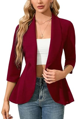 Clearlove Blazer business en jersey pour femme - Élégant et sportif - Manches 3/4, rouge bordeaux, XL