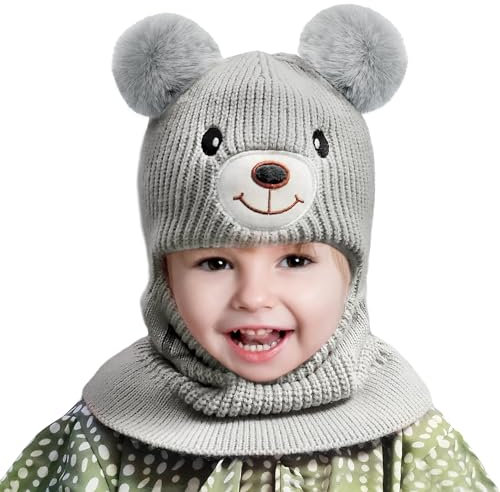 beifon Schlupfmütze Kinder Winter Warme, Wintermütze Jungen Schalmütze Niedlich Bär Strickmütze Kindermütze mit Bommel Fleecefutter Mütze Schal Set Mädchen Beanies für 1-4 Jahre(Acryl, Grau)