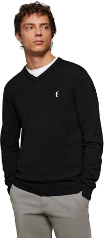 Polo Club Jersey Básico de Cuello Pico Negro para Hombre - Suéter Manga Larga 100% Algodón con Logo Bordado