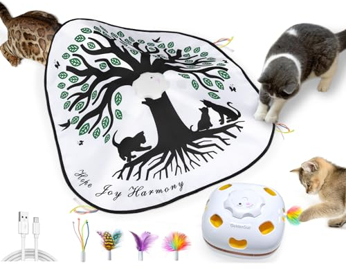GoldenSun Jouet pour Chat, Jouet Interactif d'intérieur 4 en 1, Cache-Cache Rechargeable, Accessoire pour Chat, Jeu d'entraînement Whack-a-Mole avec 3 Plumes de Rechange à Monter soi-même