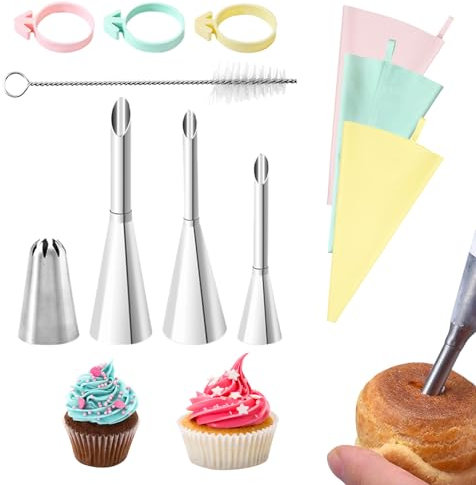 Juego de 11 mangas pasteleras con boquillas, 4 boquillas con anillos de silicona, 3 mangas pasteleras reutilizables con 1 cepillo de limpieza, juego de boquillas de acero inoxidable para glaseado de