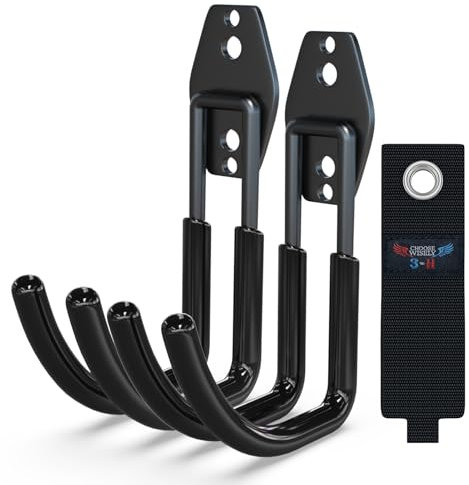 3-H Ganci da Parete 2 Pezzi, Doppio Gancio Acciaio per Scale Attrezzi Tubi, Portata 40kg Organizzatore Garage con Montaggio a Muro, Nero Industriale