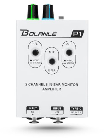 Bolanle P1 Portable in Ear Monitor Amplifier, Headphone Amp with XLR and TRS Input 3.5mm Output, Headphone Amplifier with Stereo/Mono Switch for Keyboardists, Drummers, Guitar (Dual Channel)