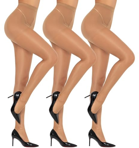 MANZI 3 Pairs Women's Ultra Sheer Silky High Waist Tights Control Top Transparent Glossy Pantyhose with Reinforced Toes Natural X-Large