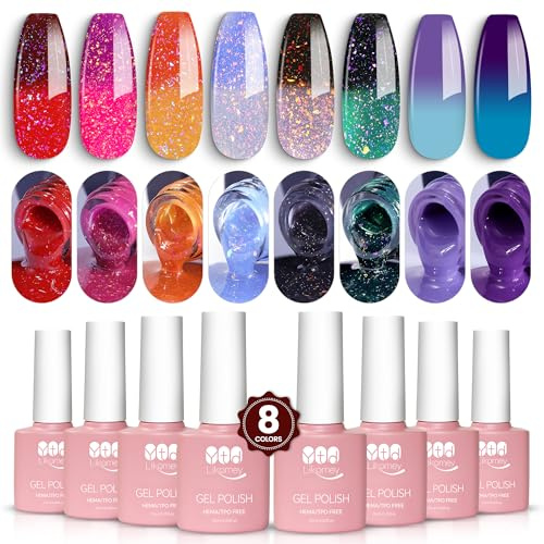 YTD Likomey UV Gel-lack Set, Temperaturfärg 8 Färger Nagellack Färgskiftande Manikyr Polish, Alla Hjärtans Dag Kameleontfärg, 8×7.5ml