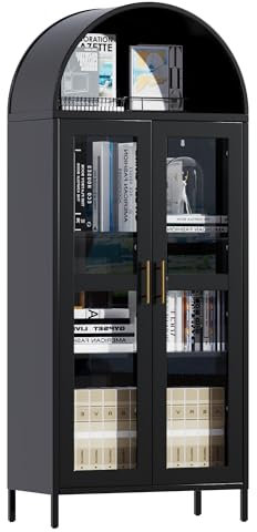 SUPEER Vitrine aus Metall Sideboard Standschrank mit Bogendach,Vitrinenschrank Küchenschrank mit 2 Glasstür, Glasvitrine Schrank für Wohnzimmer Schlafzimmer, 185x80x40 cm
