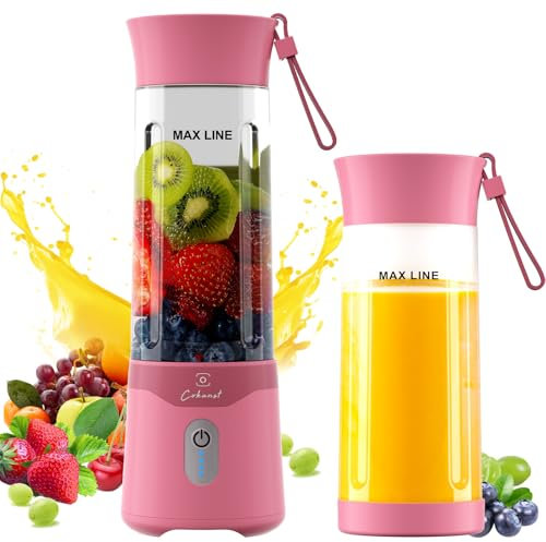 COKUNST Batidora Portátil para Smoothies y Batidos, 530ml Smoothie Maker con 6 Cuchillas, Batidora Portátil Tipo-C Recargable con Tapa de Viaje, Mini Licuadora Portatil para Viajar, Cocina (Rosa)