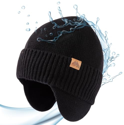 TOP-EX XL/XXL 80% Merino Wool Waterproof Beanie for Men Women with Ear Flap Warm Winter Fleece Lined Beanie Outdoor Skiing Hat Cold Weather Black M/L
