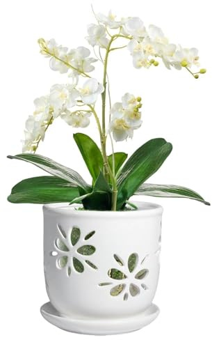 vensovo 15CM Orchid Pot with Holes and Saucer – White Ceramic Orchid Planter with Drainage for Repotting, Root Health & Orchid Care, Decorative Flower Pot for Indoor Outdoor Plants (1 Pack)