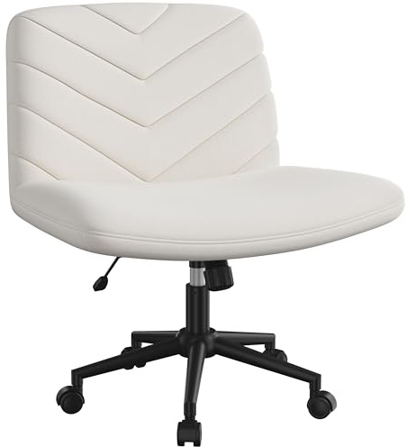 Yaheetech Wide Seat Cross Legged Office Chair, Adjustable Armless Office Chairs with Wheels, Vanity Chair Criss Cross Chair Swivel Computer Chairs, Beige