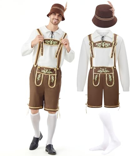 Ezuwail Costume da Oktoberfest tedesco da uomo, 4 pezzi, costume bavarese per feste della birra, set con bretelle, camicia, calzini, cappello, costumi di Halloween per adulti