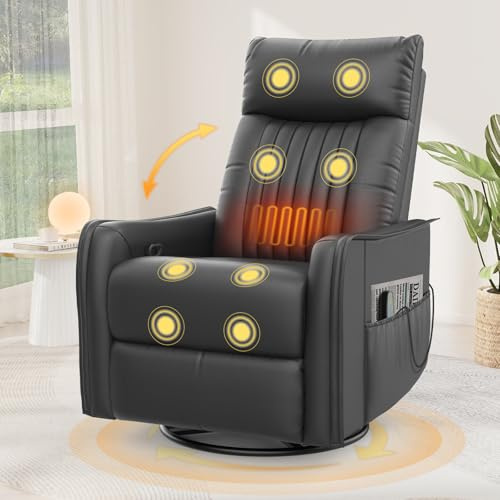 Srfzluxy Sillón reclinable Mecedora giratoria con Masaje y Calor, reposapiés extendido,Sillón reclinable 3 en 1 para Sala de Estar, sofá Individual Ajustable con Bolsillos Laterales Doble