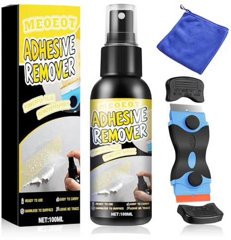 Meoeot Quita Pegamento Adhesivo, Disolvente Pegamento, Quita Adhesivos, Elimina Rápidamente Etiquetas y Residuos de Adhesivo de las Superficies, Viene con Raspador 100ml