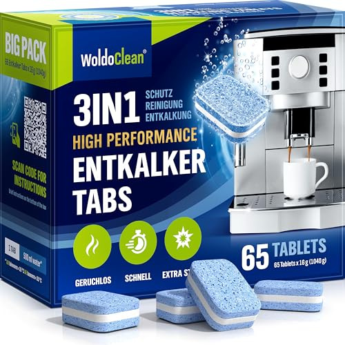 WoldoClean 3in1 Entkalkungstabletten 65 Stück 3-Phasen - für Kaffeevollautomaten & Kaffeemaschinen, Entkalker Tabletten, kompatibel mit Siemens EQ, Jura, Delonghi uvm.