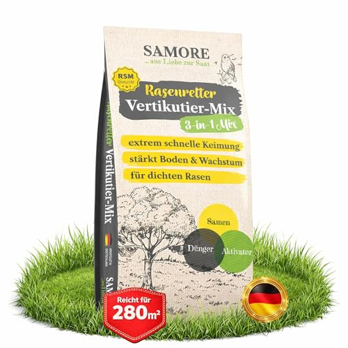 samore - Rasenretter Vertikutiermix I Rasendünger, Rasensamen & Bodenaktivator I 3in1 Rasenreparaturmischung I Rasendünger Frühjahr mit Grassamen gegen kahle Stellen I Nachsaat (8 Kg für 280 m²)