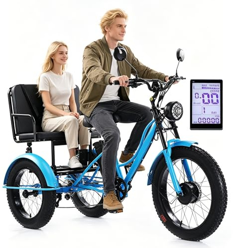 24 Inch Fat Tire Electric Tricycle With Passenger Seat For Adult, 48v/18ah Electric Bicycle - Max Load: 150KG, Heavy-Duty Carbon Steel Frame, LCD Display + Headlight, for City and Mountain Road Blue