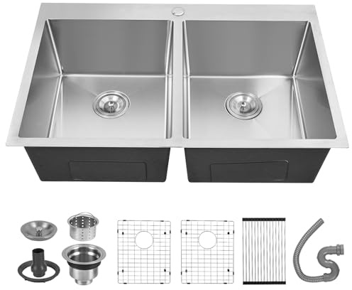 GarveeMore Évier de cuisine double cuve inox T-304 16G - Workstation 50/50 - Profondeur 23cm - Avec planche à découper, égouttoir, panier-filtre, accessoires - Finition brossée, pièces R10 - Grand
