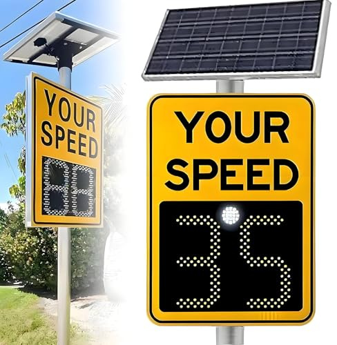 Señal de límite de velocidad de radar con energía solar, tablero de advertencia de retroalimentación de tráfico LED, pantalla de 20 x 27 pulgadas con lectura de velocidad de 3 dígitos, accesorios