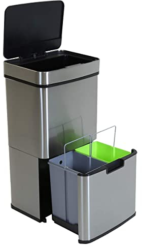 CHARLES BENTLEY Kitchen Bin, Triple Compartment, Stainless Steel, 62 Litre, Sensor Bin, Recycle, Waste, Rubbish, Trash Bucket, Soft Close, Timer, Automatic Lid, Sensor and Manual (74.5x42x31.5cm)