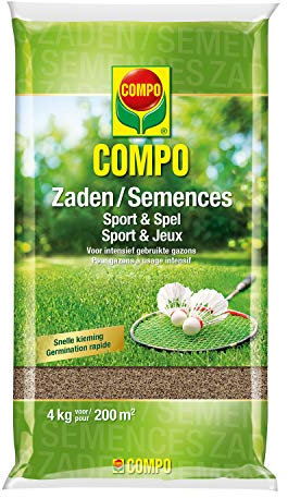 COMPO Gazonzaden Sport & Spel, voor intensief gebruikte gazons, bestand tegen veelvuldig betreden, snel zelfherstellend vermogen, voor 200 m², 4 kg