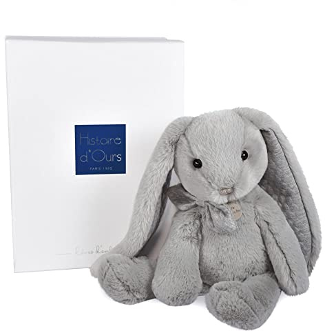 Histoire d'Ours - Preppy Chic : Peluche Lapin - Gris - 40 cm - Idée Cadeau de Naissance Originale - Avec Boîte Cadeau Incluse - Peluche Compagnon Enfants - Douce et Élégante pour les Câlins - HO3139