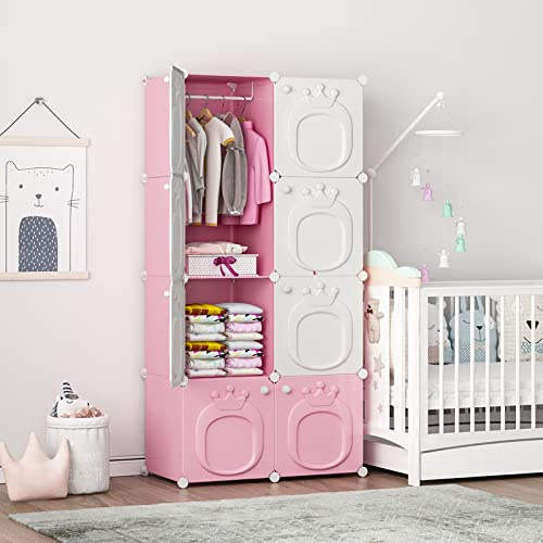 MAGINELS Kids Wardrobe, Baby Girls Closet Armoires Organizer with Door. Open Hanging Children Costume Area and 6 Cube Storage. Pink (28x14x56inch)