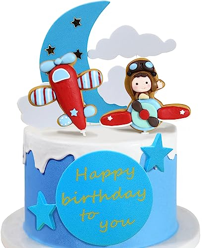 Flugzeug Cake Topper, Flugzeuge Zum Geburtstag Kuchen Dekorieren Topper, Cloud Plane Theme Birthday Party, Geburtstagsdekoration für Jungen, Flugzeug Cupcake für Kinderparty Baby Geburtstag Party