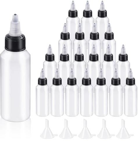 Swpeet 25 st genomskinliga dispenseringsflaskor med små trattsats, 57 ml Boston LDPE plastflaska, 60 ml tomma klämflaskor med vridlock kit för bläckoljor, plastklämflaskor