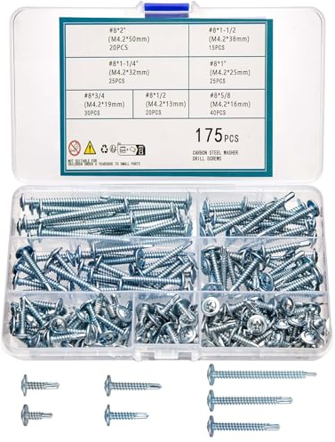QOOSIKICC 175 pezzi M4,2, Viti autoperforanti a croce, Viti metalliche autoperforanti, set di viti per lamiera di acciaio al carbonio Tek, viti con testa piana a croce
