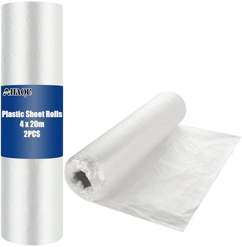 AHAQU 2 Roller Plastic Dust Sheets for Decorating, 4 x 20m/13 x 65ft Large Plastic Sheet Rolls, Waterproof Polythene Sheeting Roll for Painting Covering, Furniture & Floor Protection