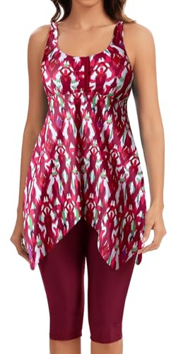 ECUPPER Women Plus Size Tankini Swimsuits Two Piece Swim Dress Modest Skirt Bathing Suit Adjustable Straps Swim Top with Shorts Red S