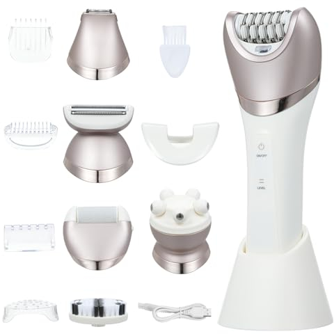 6 IN 1 Epilierer Damen Elektrischer, Layhou Kabelloser Epilierer für Damen Intimbereich, Nass- und Trocken-Gesichtsepilierer mit Pediküre und Peelingbürste, Massagekopf, Wiederaufladbares (Weiß)