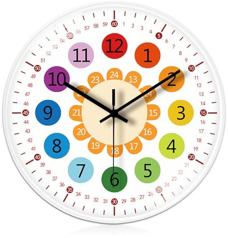 Orologio da parete per bambini senza ticchettio: 20 cm, educativo per ragazze e ragazzi, per cameretta, cucina, soggiorno, camera da letto, ufficio, bianco