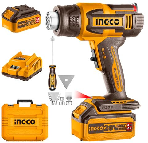 INGCO Pistolet à Air Chaud Sans Fil 20V, Contrôle de Température Variable, 30-550 °C, Affichage Numérique LCD, Decapeur Thermique Portable avec Batterie 5,0 Ah pour Travaux Manuels HGLI20035