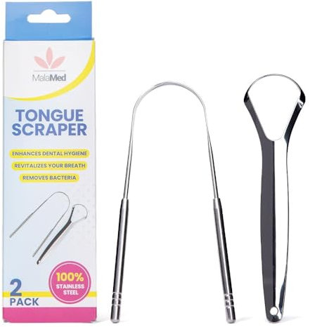MalaMed Lot de 2 gratte-langues, 1 grattoir en forme de U et 1 grattoir en métal en forme de Y 100 % en acier inoxydable, pour l'hygiène buccale et une haleine fraîche | Nettoyant facile à utiliser