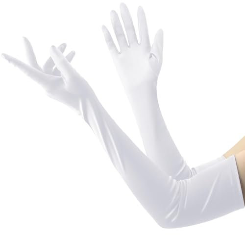 1 Paar Weiße Handschuhe Damen,Lange Handschuhe Damen,Elegant Abendhandschuhe Weiß,Elastic Elegant Glamour White Gloves,Satin Abendhandschuh im 1920er für Weihnachten,Halloween Kostüm,Abendessen Shows
