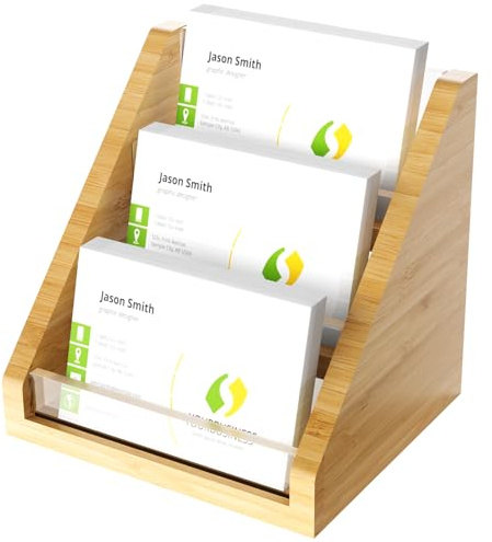NiOffice Sleek Bamboo Acrylic Business Card Holder for Reception, Office Desk, Meetings, Trade Shows, Home Office, Versatile Use Professional Display, Natural Modern Blend Elegant Organizer (3 Tiers)
