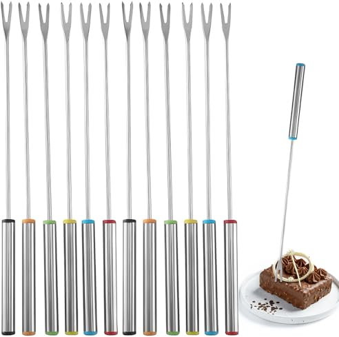 AMSGANK 12 Stück 24cm Fonduegabeln Edelstahl, 6 Farbe Grillgabel Schokofondue Gabel mit Hitzebeständigem Griff für Obst, Gemüse, Marshmallows, Käse, Schokolade, Fondue, Braten, Fleisch