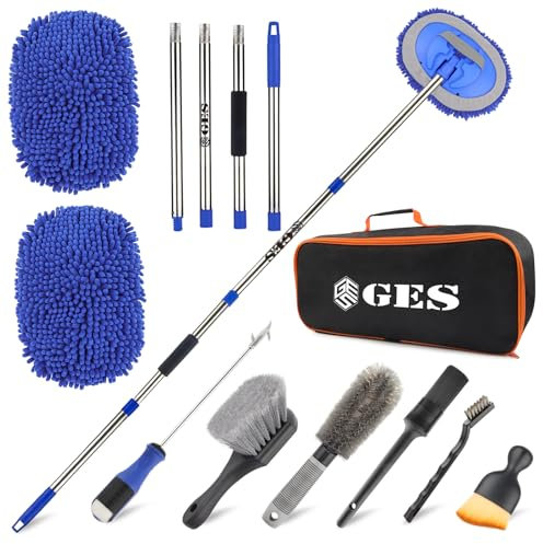 GES Car Wash Mop with Long Handle, 62 Inch Car Wash Brush with Telescoping Handle, 2 in 1 Microfiber Chenille Cleaning Kit with Storage Bag for Washing Car Rv Suv Trucks and Houshold Cleaning. (Blue)