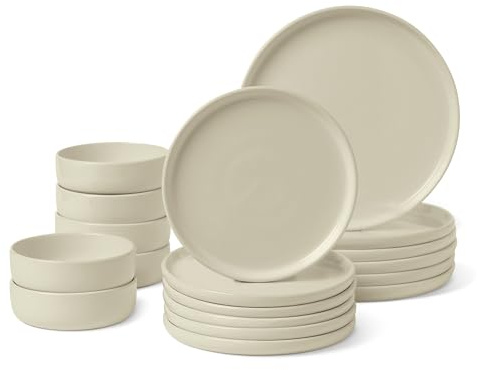 Amazon Basics Vajilla de Gres Esmaltado, Juego de 18 Piezas, 6 Servicios Completos, Apta para Lavavajillas, Marfil