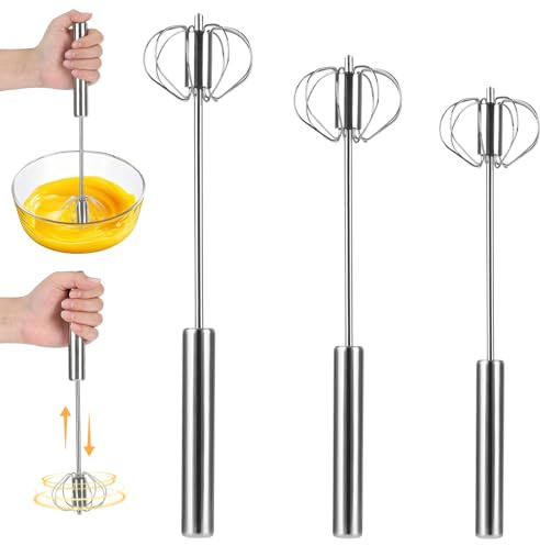 3 Stück Halbautomatischer Schneebesen, 10+12+13 in Hand Push Schneebesen Edelstahl, Hand Push Easy Whisk Drehbarer RüHrbesen, Handschneebesen zum Mischen Schlagen Aufschäumen und Rühren