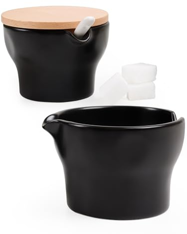 Autumnlife Ensemble de pots à lait et sucre en céramique noire avec couvercle en bois et cuillère, empilable pour la cuisine et le café