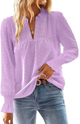 TUUHAW Camicia Lunga Donna Boho Taglia Forte Top Elegante con Scollo a V Pizzo Casual Tshirt Maniche a Balze Abbigliamento Colore Puro Punto Svizzero Bluse Business Camicetta Basic Lilla Chiaro 3XL