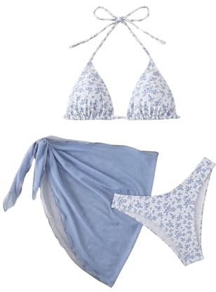 GORGLITTER Women's Halter Neck Ditsy Floral Bikini Sets Triangle Hipster Bikini Set with Cover Up Sarong Swim Suits Blue S