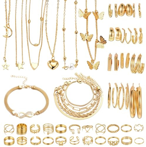 EDLMKM 46Pcs Gold Silver Jewelry Sets, Women's Jewellery Set, Gold Bracelet, Necklace, Rings, Bracelets, Gold Costume Jewellery Sets for Women, Birthday Christmas Anniversary Day