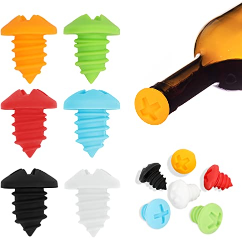 6Pezzi Silicone Tappi per Bottiglie di Vino, Tappo Vino Sottovuoto Tappo per Vino a Vite per Vino Keep Fresh Conservatori di Vino Riutilizzabili Capsule in Tappo per Bottiglie di Champagne Vino